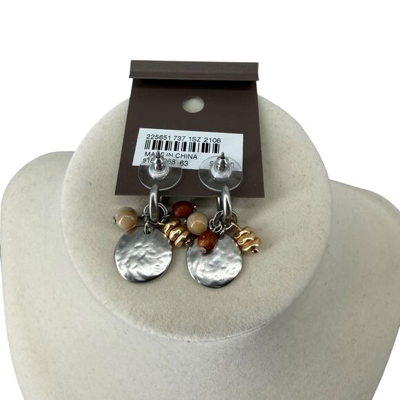 J. Jill Mixed Metal Beaded Stud Earrings Hammered Disc Neutral Wood Earthy Boho - Picture 5 of 6